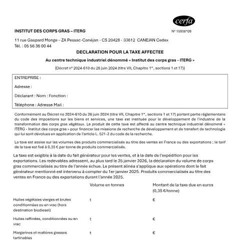 Aperçu du document Taxe ITERG : obligations déclaratives des entreprises — Impôts & fiscalité (CERFA n°15938*08)