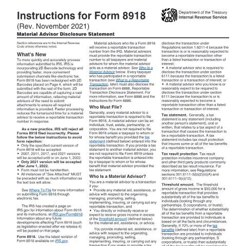 Document preview: Comprehensive Overview of IRS Form 8918 Instructions — Taxes (CERFA n°INST-8918)