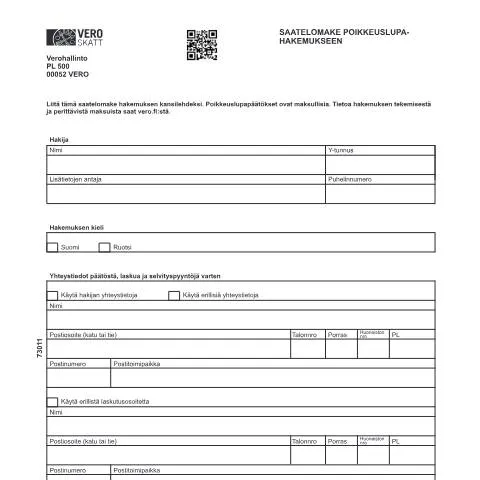 Document preview: Saatelomake ennakkoratkaisu- ja poikkeuslupahakemukseen Suomessa — Hallinnolliset asiat