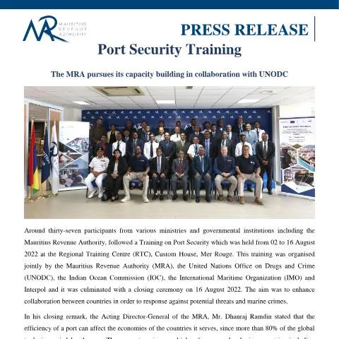 Document preview: Enhancing Port Security: MRA and UNODC's Joint Initiative — Government & admin (CERFA n°PressRelease190822)