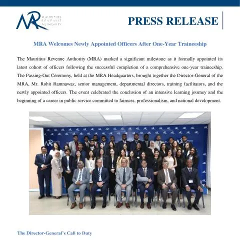 Document preview: MRA Celebrates Newly Appointed Officers After Traineeship — Government & admin (CERFA n°PressRelease190825)