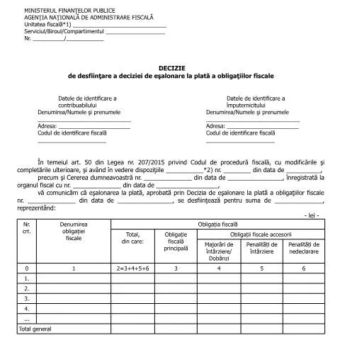 Document preview: Desființarea eșalonării la plată în România — Impozite & fiscalitate (CERFA n°A24p_OPANAF_90_2016)