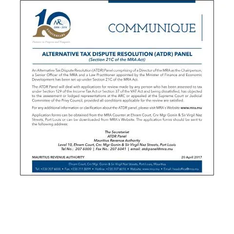 Document preview: Mauritius ATDR Panel: Efficient Tax Dispute Resolution — Government & admin (CERFA n°ATDRCommunique)