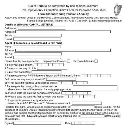 Document preview: Claim Tax Repayment and Exemption for Pensions with Form IC2 — Taxes (Form IC2)