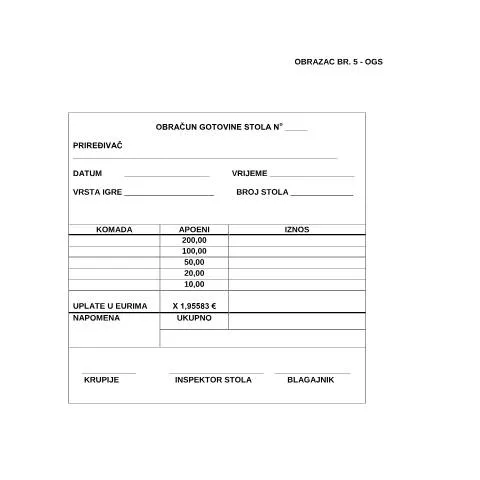 Document preview: Važnost OBRAČUNA GOTOVINE STOLA u igrama na sreću — Administrativne procedure (CERFA n°OGS)