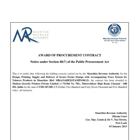 Document preview: Mauritius Excise Stamps Procurement Award Notice — Government & admin (CERFA n°NoticeAwardExciseStampsUpdated)