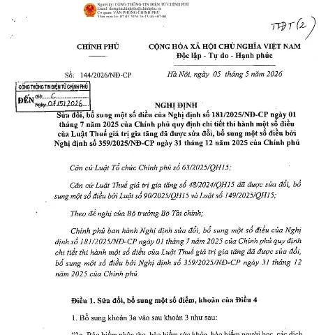 Document preview: Nghị định 144/2026/NĐ-CP: Cập nhật mới về thuế giá trị gia tăng — Thuế & tài chính (CERFA n°144/2026/NĐ-CP)