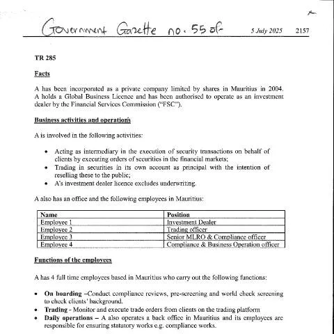 Document preview: Understanding the TR 285 Form for Investment Firms — Government & admin (CERFA n°TR285)