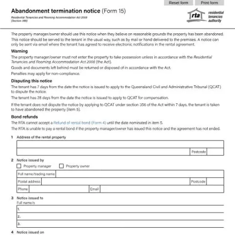 Document preview: Guide to Form 15: Abandonment Termination Notice for Queensland — Housing (Form 15)