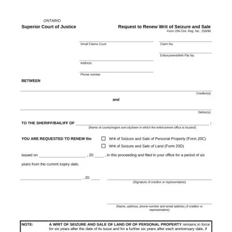 Document preview: Guide to Renewing Writ of Seizure and Sale in Ontario — Legal & justice (Form 20N)
