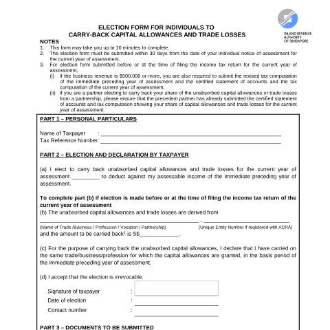 Document preview: Understanding the Singapore IRAS Election Form for Carry-Back of — Taxes (CERFA n°ELECTION-FORM-FOR-CARRYBACK-CA-AND-LOSSES-FOR-FILLABLE)