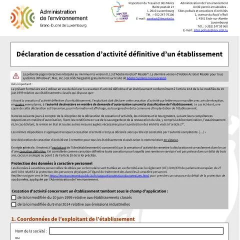 Aperçu du document Cessation d’activité d’un établissement classé au Luxembourg — Démarches administratives (CERFA n°declaration-cessation-activite)