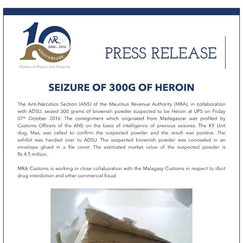Document preview: Insights into the 300g Heroin Seizure Document — Government & admin (CERFA n°PressReleaseDrugSeizure)