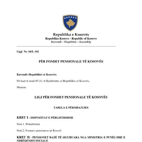 Document preview: Rëndësia e Ligjit Nr. 04/L-101 për Fondet Pensionale — Pension & pensionim