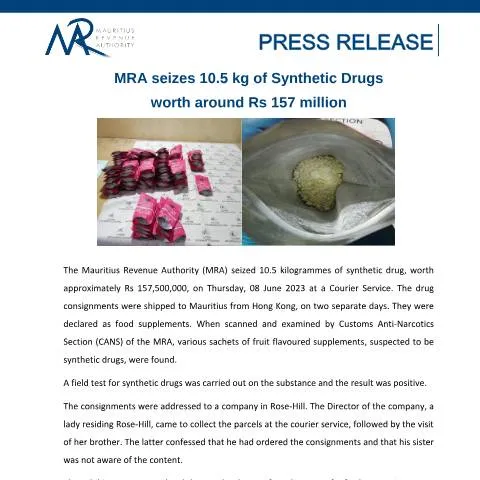 Document preview: Major Drug Seizure by MRA: 10.5 kg of Synthetic Drugs — Government & admin (CERFA n°PressRelease090623)