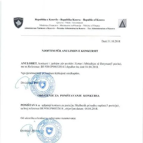 Document preview: Anulimi i Konkursit për Pozita në Sektorin Publik — Punë & punësim