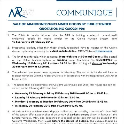 Document preview: Understanding Public Tender for Abandoned Goods in Mauritius — Government & admin (CERFA n°Communique06of2019)