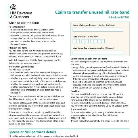 Document preview: How to Claim Unused Nil Rate Band with IHT402 Form in UK — Taxes