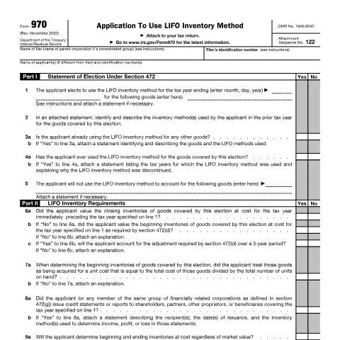 Document preview: A Guide to Filing IRS Form 970 for LIFO Inventory — Taxes (CERFA n°970)