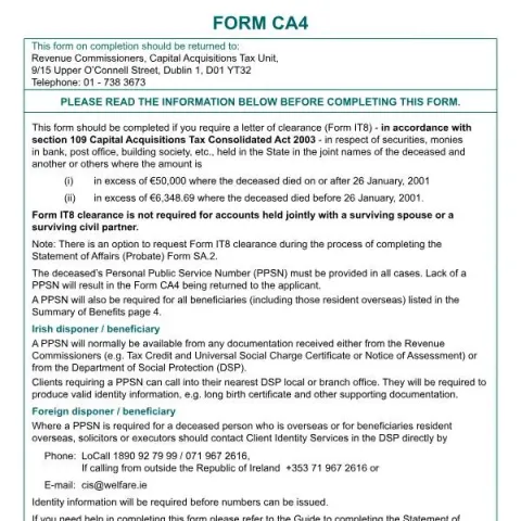 Document preview: Guide to Form CA4 from the Revenue Commissioners — Taxes (Form CA4)