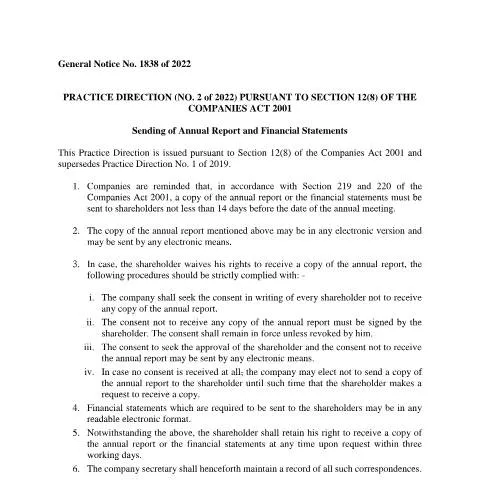 Document preview: Key Guidelines for Sending Annual Reports to Shareholders — Government & admin (CERFA n°Practice-Direction-Sending-of-Annual-Report-1)