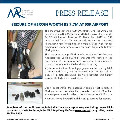 Document preview: Understanding the Heroin Seizure at SSR International Airport — Government & admin (CERFA n°PressReleaseHeroinAirport)