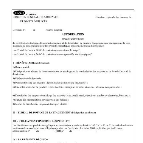 Aperçu du document Autorisation TICPE : exemption fiscale pour produits énergétiques — Démarches administratives (CERFA n°13828*02)