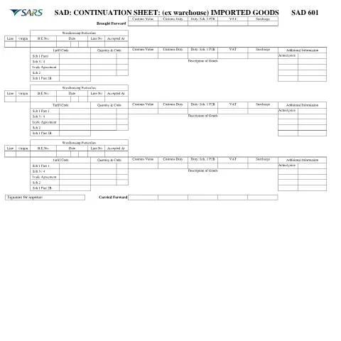 Document preview: Understanding the SAD 601 Continuation Sheet for Imported Goods — Government & admin (CERFA n°SAD 601)