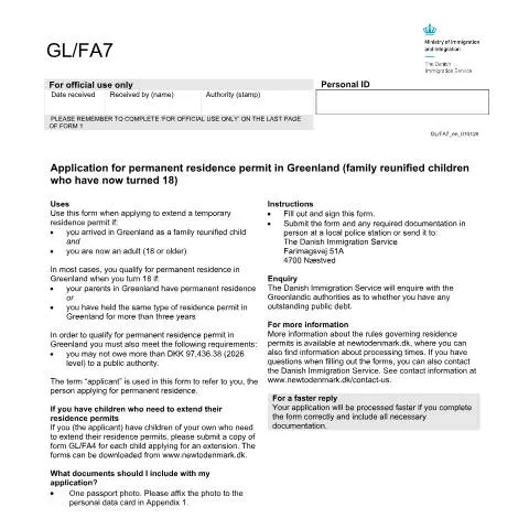 Document preview: Ansøgning om permanent opholdstilladelse for unge i Grønland — Familie