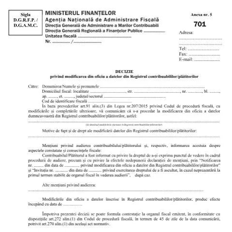 Document preview: Importanța modificării datelor fiscale în România — Impozite & fiscalitate (CERFA n°701_OPANAF_3792_2024)