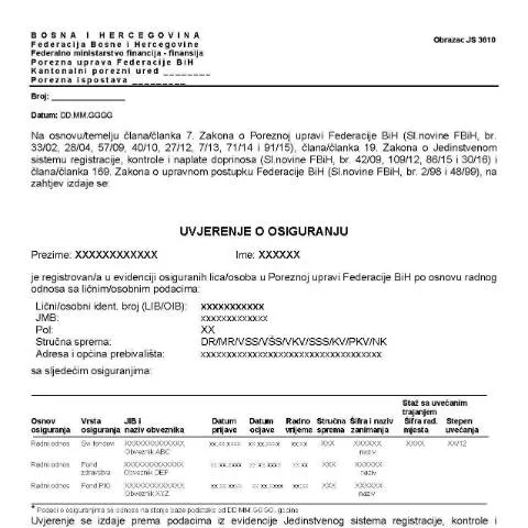 Document preview: Razumijevanje UVJERENJA O OSIGURANJU u Bosni i Hercegovini — Administrativne procedure (CERFA n°JS 3610)