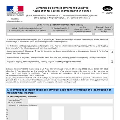Aperçu du document Autorisation d'armement maritime : guide complet du formulaire — Démarches administratives (CERFA n°15820*01)
