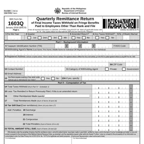 Document preview: Navigating BIR Form No. 1603Q for Effective Tax Reporting — Government & admin (CERFA n°1603Q)