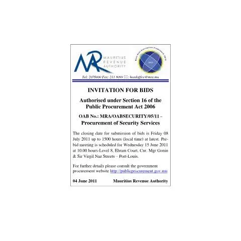 Document preview: Mauritius Security Services Procurement Notice — Government & admin (CERFA n°CommuniqueBidsSecurity)