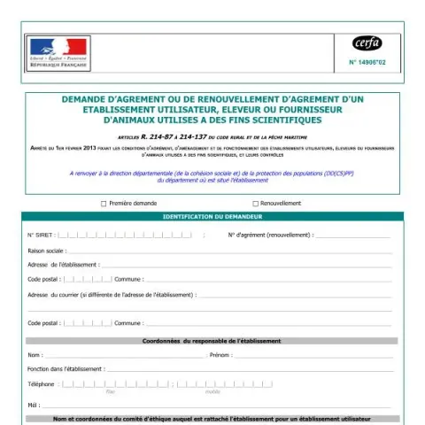 Aperçu du document Demande d'agrément pour établissements utilisant des animaux à — Juridique & justice (Cerfa 14906*02)