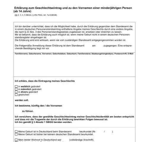 Dokumentvorschau: Erklärung nach § 2 SBGG für Minderjährige ab 14 Jahren — Personenstand & Ausweis (sbgg_minderjaehrig)