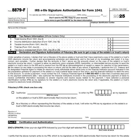 Document preview: Mastering IRS Form 8879-F for Estates and Trusts — Taxes (CERFA n°8879F)