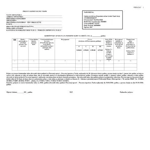 Document preview: Kako ispuniti Prijavu komunalne takse za Tuzlu — Porezi i fiskalnost (CERFA n°PKT-OBRAZAC 1)