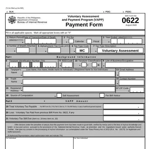 Document preview: Understanding BIR Form No. 0622 for Tax Compliance — Government & admin (CERFA n°0622)