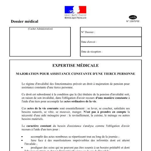 Aperçu du document Majoration pour assistance constante : guide de l'expertise médicale — Santé (CERFA n°13975*02)