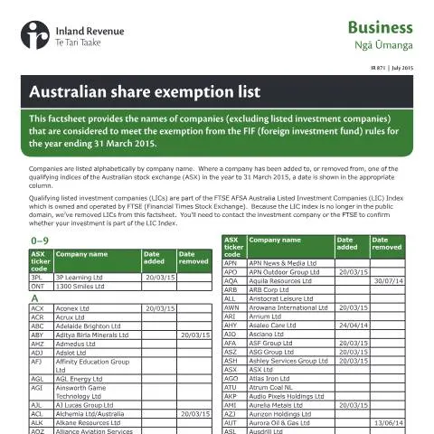 Document preview: Navigating the Australian Share Exemption List for Investors — Taxes (CERFA n°IR871)