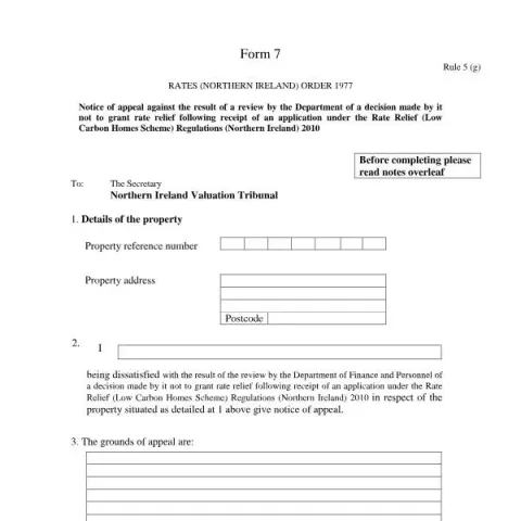 Document preview: Appeal Notice for Rate Relief Decision Challenges in Northern Ireland — Government & admin (Form 7)