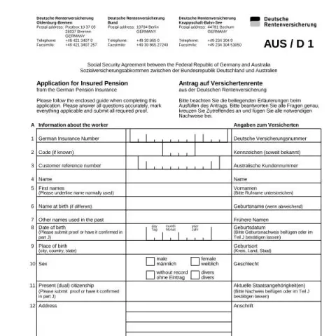 Dokumentvorschau: Formular A9800 Antrag auf Versichertenrente aus dem Ausland D1 (Englisch) — Rente & Pension (A9800)