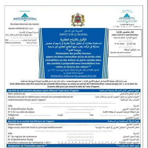 Aperçu du document Déclaration des bénéfices fonciers au Maroc — Impôts & fiscalité (CERFA n°ADP025B-25I)