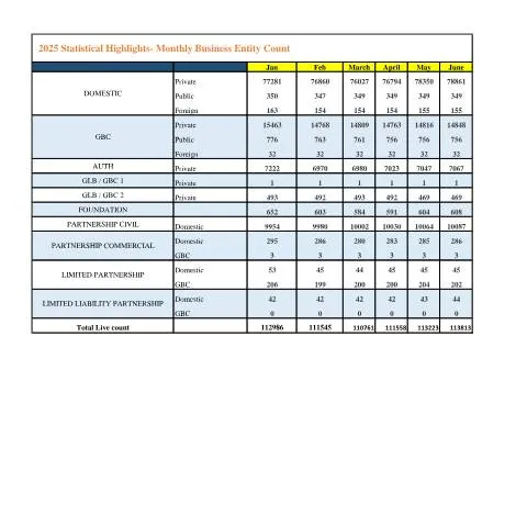 Document preview: Understanding Business Entities in Mauritius: 2025 Insights — Government & admin (CERFA n°2025-Statistical-Highlights-Monthly-Business-Entity-Count_Jan-Jun2025)