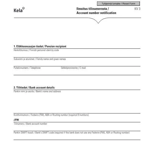 Document preview: Tilinumeron ilmoittaminen eläkkeelle siirtymisessä — Eläke & eläketurva (CERFA n°Kela KV 3)