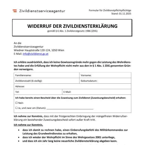 Dokumentvorschau: Widerruf der Zivildiensterklärung in Österreich — Behörden & Verwaltung (Widerrufserklärung.pdf)