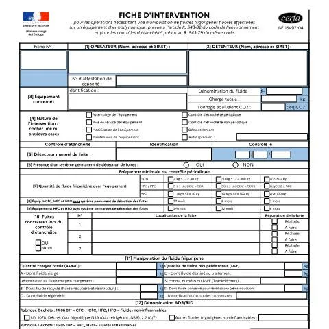 Aperçu du document Traçabilité réglementaire des interventions sur fluides frigorigènes — Démarches administratives (CERFA n°15497*04)