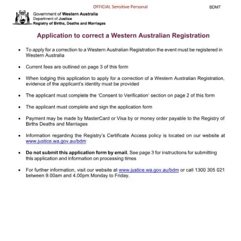 Document preview: Guide to Correcting Western Australian Registration Records — Civil status & identity (BDM7)
