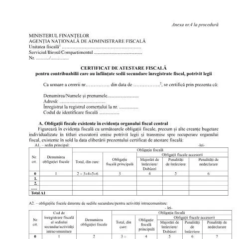 Document preview: Certificatul de atestare fiscală pentru sedii secundare în România — Impozite & fiscalitate (CERFA n°A4_OPANAF_1767_2021)